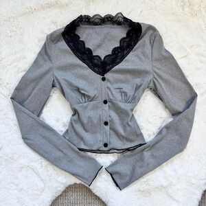 Grey Longsleeve Tee with Lace Trim XS